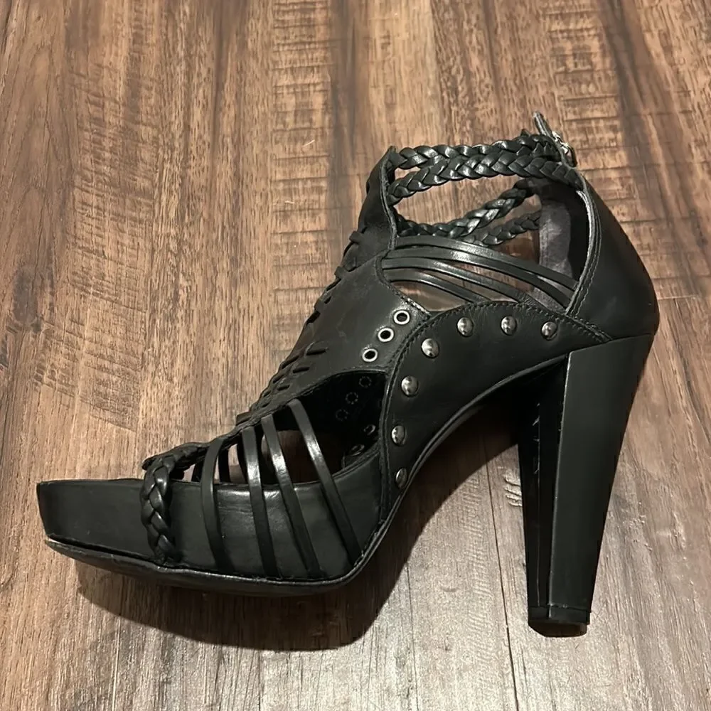 Pour La Victoire Black Leather Platform High Heels, Size 9